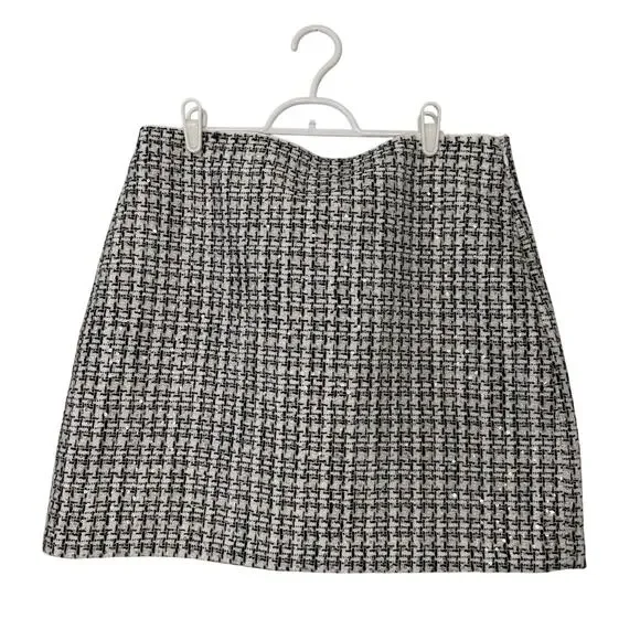 LOFT Tweed Mini Skirt Women's Size 10 Metallic Sequin Black White Party Holiday - Picture 4 of 13